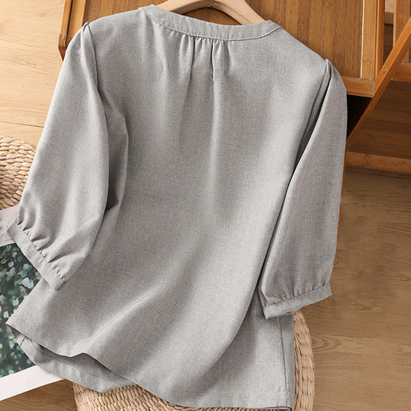 Camisa de lino y algodón con cuello redondo y botones lisos para mujer, manga tres cuartos, con diseño de Buddha Stones