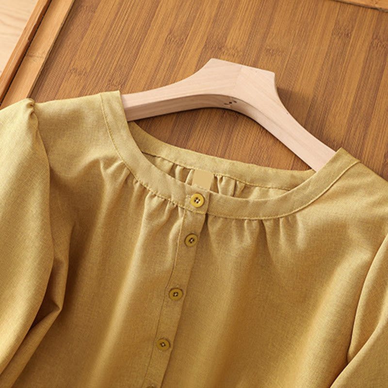 Camisa de lino y algodón con cuello redondo y botones lisos para mujer, manga tres cuartos, con diseño de Buddha Stones