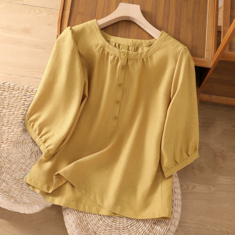 Camisa de lino y algodón con cuello redondo y botones lisos para mujer, manga tres cuartos, con diseño de Buddha Stones