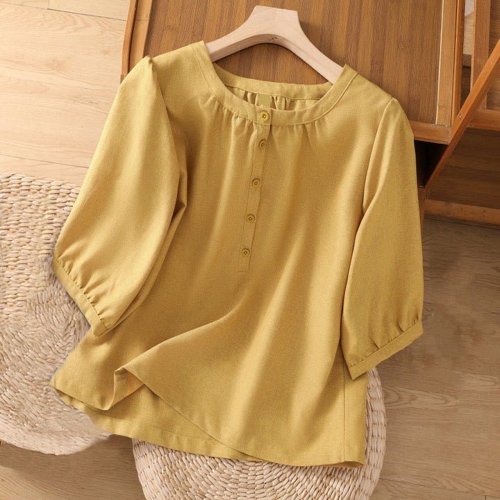 Camisa de lino y algodón con cuello redondo y botones lisos para mujer, manga tres cuartos, con diseño de Buddha Stones