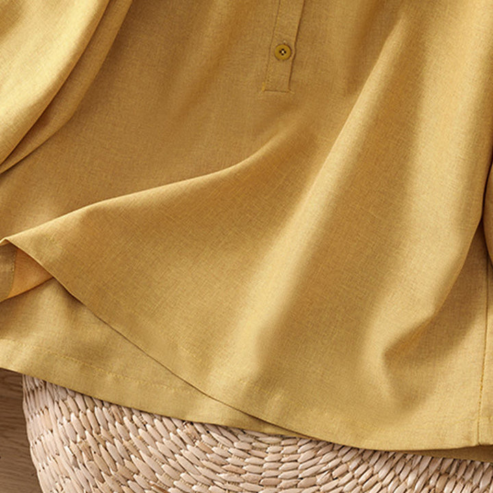 Camisa de lino y algodón con cuello redondo y botones lisos para mujer, manga tres cuartos, con diseño de Buddha Stones