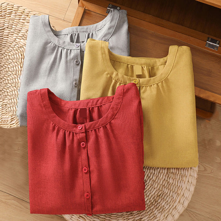 Camisa de lino y algodón con cuello redondo y botones lisos para mujer, manga tres cuartos, con diseño de Buddha Stones
