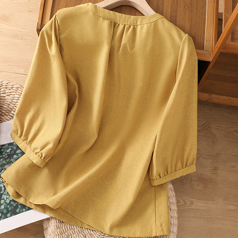 Camisa de lino y algodón con cuello redondo y botones lisos para mujer, manga tres cuartos, con diseño de Buddha Stones