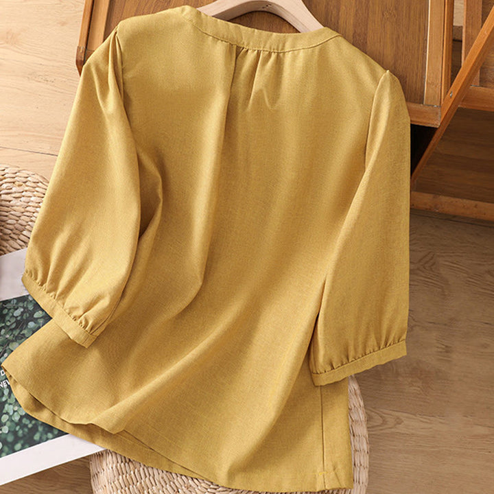 Camisa de lino y algodón con cuello redondo y botones lisos para mujer, manga tres cuartos, con diseño de Buddha Stones