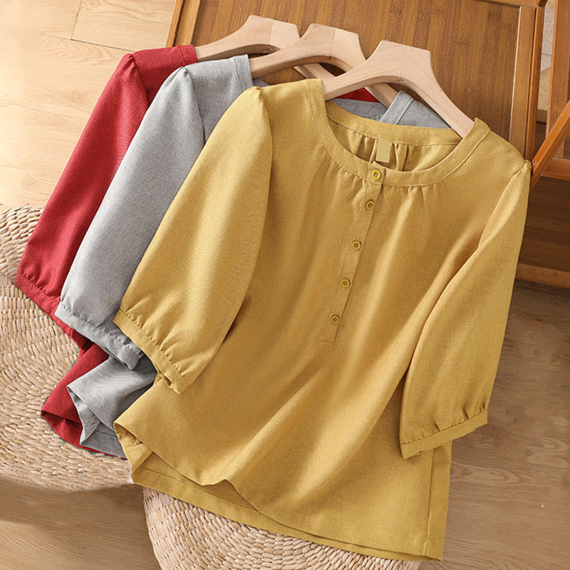 Camisa de lino y algodón con cuello redondo y botones lisos para mujer, manga tres cuartos, con diseño de Buddha Stones
