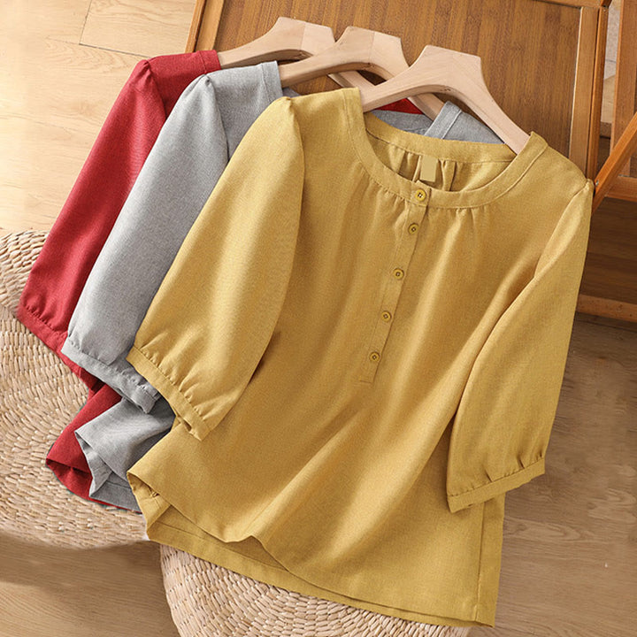 Camisa de lino y algodón con cuello redondo y botones lisos para mujer, manga tres cuartos, con diseño de Buddha Stones