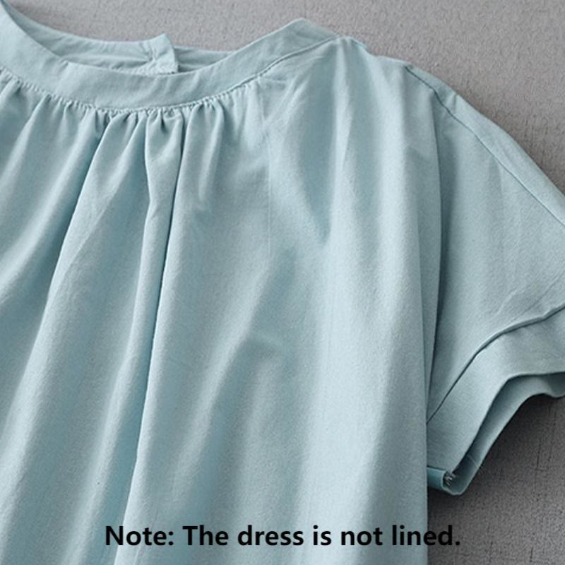 Vestido midi informal de lino y algodón con cuello redondo, manga corta y bolsillos, con botones en la espalda, color puro y Buddha Stones - image 1