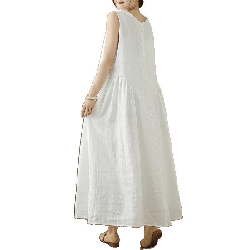 Vestido midi de algodón sin mangas con diseño informal de Buddha Stones , estampado floral blanco, botones en la espalda y bolsillos - image 12