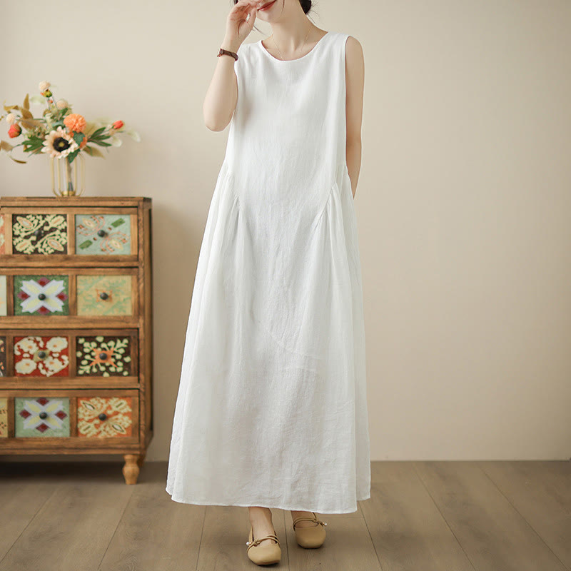 Vestido midi de algodón sin mangas con diseño informal de Buddha Stones , estampado floral blanco, botones en la espalda y bolsillos - image 3
