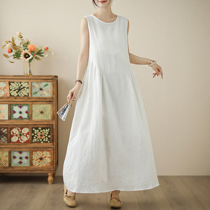 Vestido midi de algodón sin mangas con diseño informal de Buddha Stones , estampado floral blanco, botones en la espalda y bolsillos - image 5