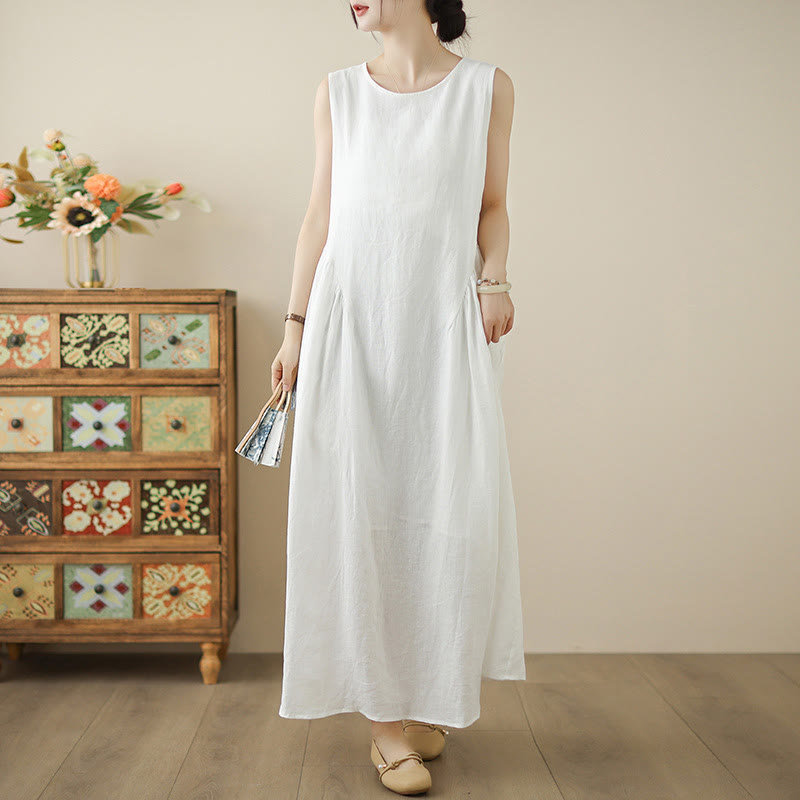 Vestido midi de algodón sin mangas con diseño informal de Buddha Stones , estampado floral blanco, botones en la espalda y bolsillos - FloralBlanco - US8-10，UK/AU12-14，EU40-42 (2XL) - image 1