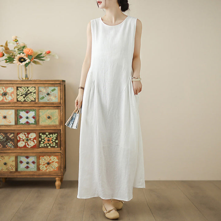 Vestido midi de algodón sin mangas con diseño informal de Buddha Stones , estampado floral blanco, botones en la espalda y bolsillos - FloralBlanco - US8-10，UK/AU12-14，EU40-42 (2XL) - image 1
