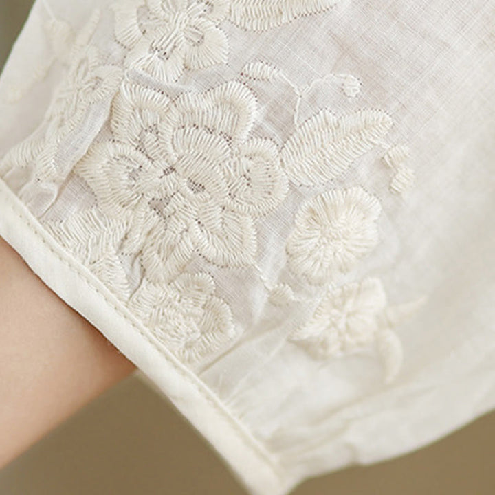 Vestido midi de lino y algodón con mangas tres cuartos, bordado informal en beige con Buddha Stones y bolsillos - image 9