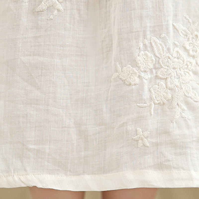 Vestido midi de lino y algodón con mangas tres cuartos, bordado informal en beige con Buddha Stones y bolsillos - image 10