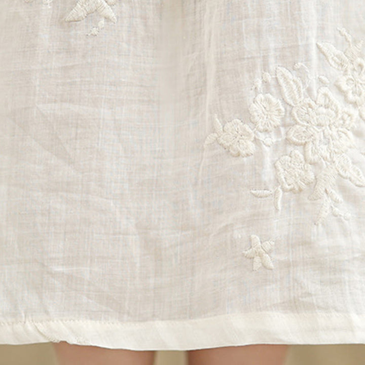 Vestido midi de lino y algodón con mangas tres cuartos, bordado informal en beige con Buddha Stones y bolsillos - image 10