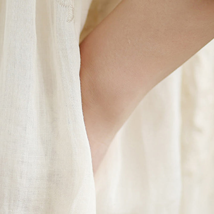 Vestido midi de lino y algodón con mangas tres cuartos, bordado informal en beige con Buddha Stones y bolsillos - image 8