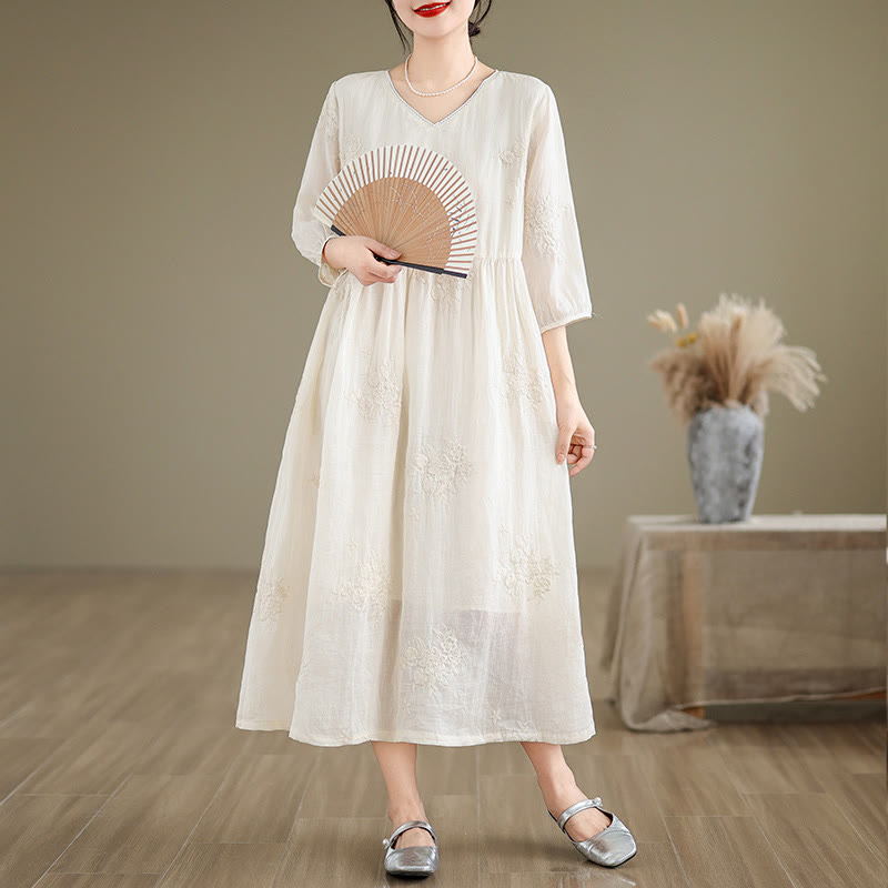 Vestido midi de lino y algodón con mangas tres cuartos, bordado informal en beige con Buddha Stones y bolsillos - Beige - US8-10，UK/AU12-14，EU40-42 (2XL) - image 1