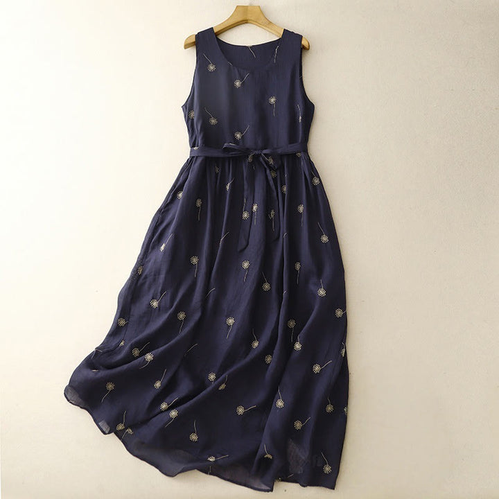 Vestido midi sin mangas de algodón con estampado de Buddha Stones en azul medianoche, diseño con cordones y bolsillos. - Azul medianoche - US8-10，UK/AU12-14，EU40-42 (2XL) - image 0