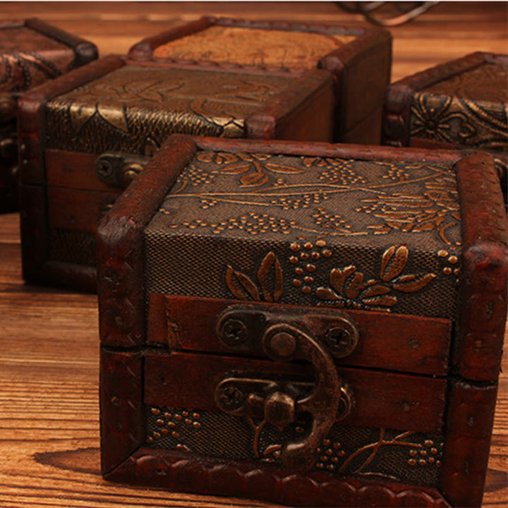 Caja de joyería de madera cuadrada pequeña Retro con Buddha Stones , flor de loto, uva, cobre, moneda, narciso, caja de almacenamiento de joyería