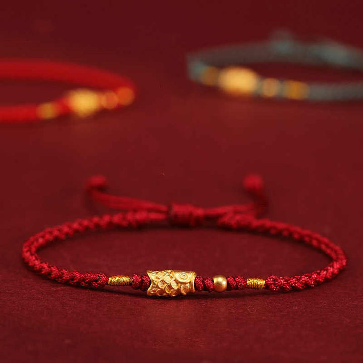 Pulsera trenzada hecha a mano con Buddha Stones, oro 999, protección de la suerte y pez koi