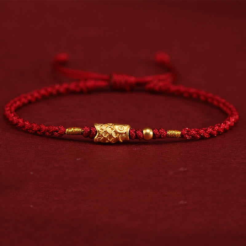 Pulsera trenzada hecha a mano con Buddha Stones, oro 999, protección de la suerte y pez koi