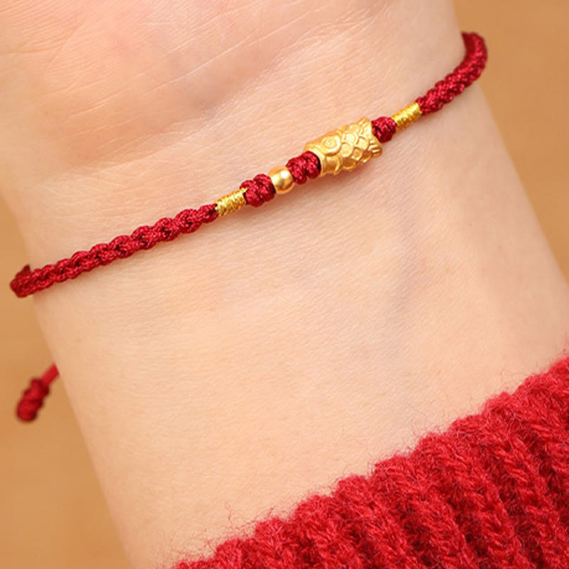 Pulsera trenzada hecha a mano con Buddha Stones, oro 999, protección de la suerte y pez koi