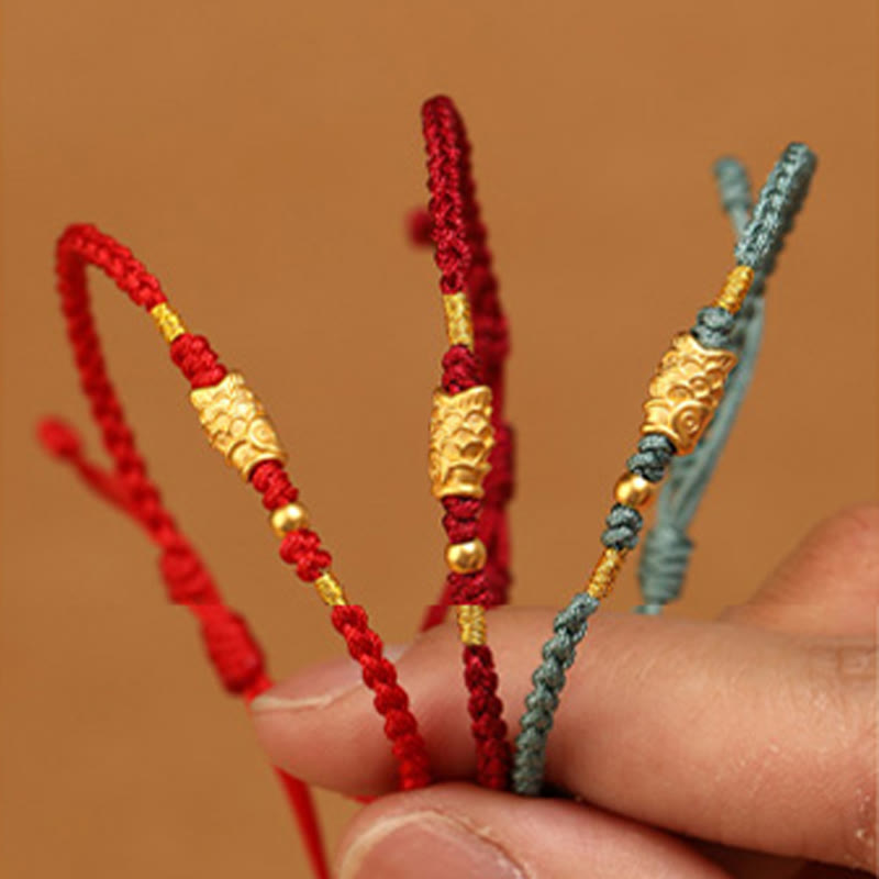 Pulsera trenzada hecha a mano con Buddha Stones, oro 999, protección de la suerte y pez koi