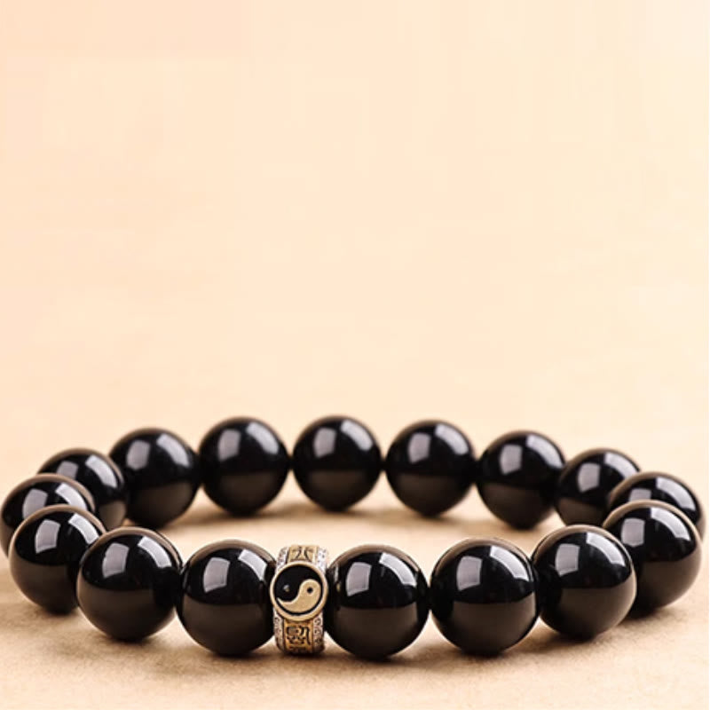Pulsera de Obsidiana Negra con Buddha Stones y Yin Yang, Mantra de Nueve Caracteres