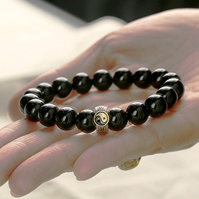 Pulsera de Obsidiana Negra con Buddha Stones y Yin Yang, Mantra de Nueve Caracteres