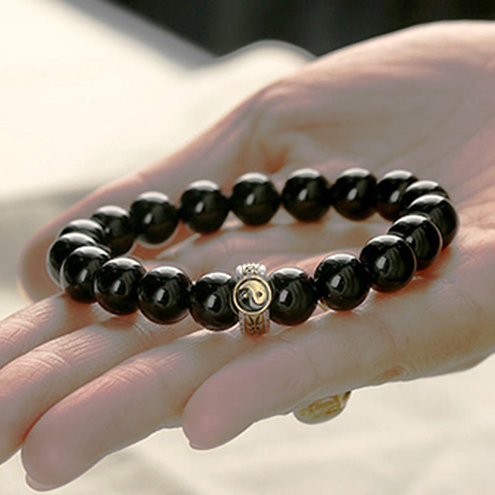 Pulsera de Obsidiana Negra con Buddha Stones y Yin Yang, Mantra de Nueve Caracteres