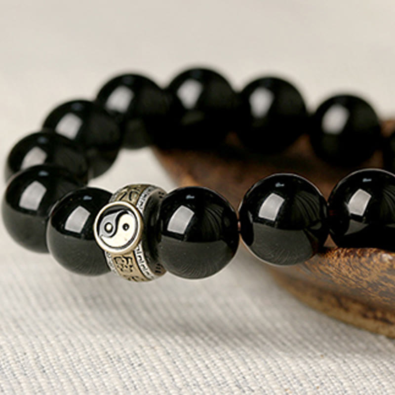Pulsera de Obsidiana Negra con Buddha Stones y Yin Yang, Mantra de Nueve Caracteres