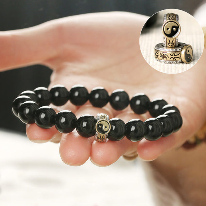 Pulsera de Obsidiana Negra con Buddha Stones y Yin Yang, Mantra de Nueve Caracteres
