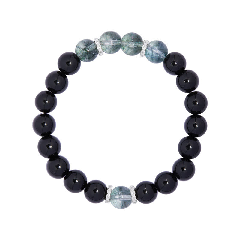 Pulsera Buddha Stones de plata de ley 925 con obsidiana negra y fuerza fantasma verde