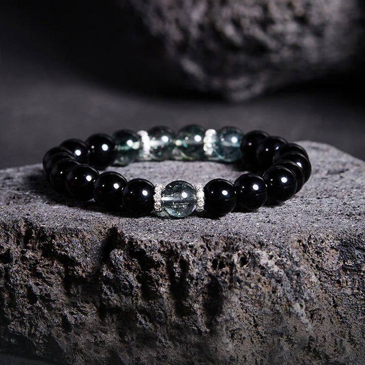 Pulsera Buddha Stones de plata de ley 925 con obsidiana negra y fuerza fantasma verde