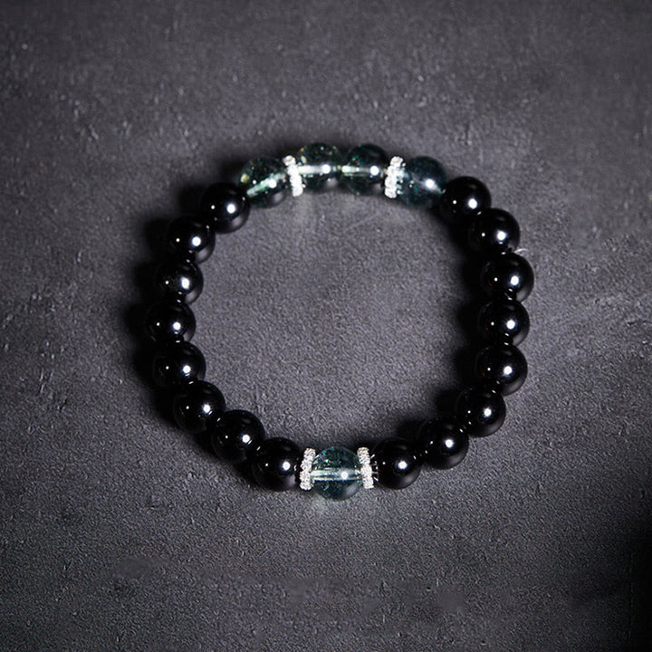 Pulsera Buddha Stones de plata de ley 925 con obsidiana negra y fuerza fantasma verde
