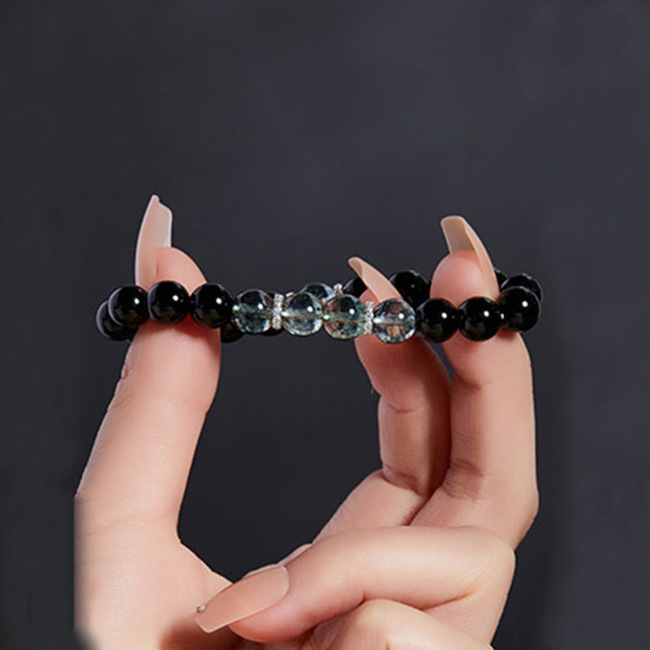 Pulsera Buddha Stones de plata de ley 925 con obsidiana negra y fuerza fantasma verde