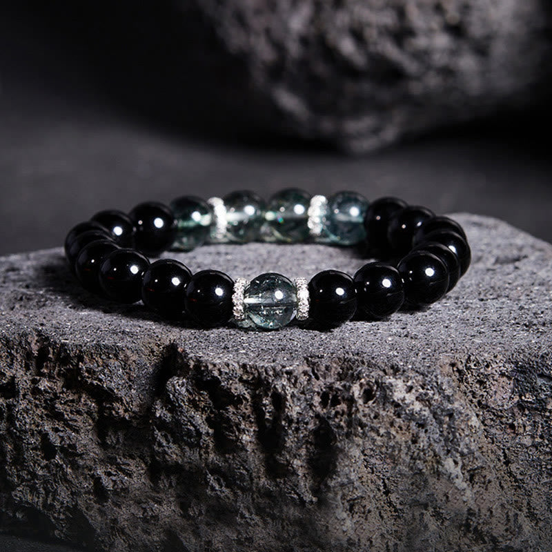 Pulsera Buddha Stones de plata de ley 925 con obsidiana negra y fuerza fantasma verde - Obsidiana negra (circunferencia de la muñeca: 14-16 cm) - image 0