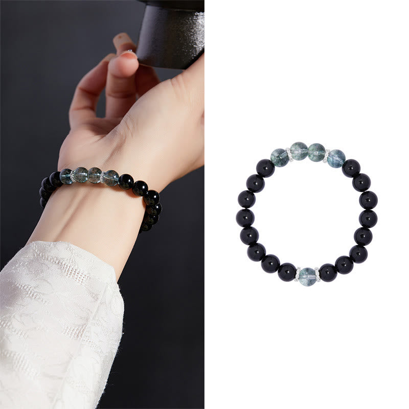 Pulsera Buddha Stones de plata de ley 925 con obsidiana negra y fuerza fantasma verde