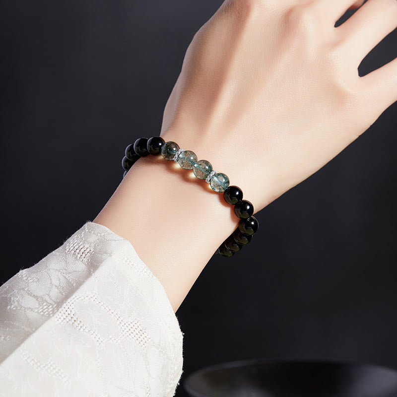 Pulsera Buddha Stones de plata de ley 925 con obsidiana negra y fuerza fantasma verde