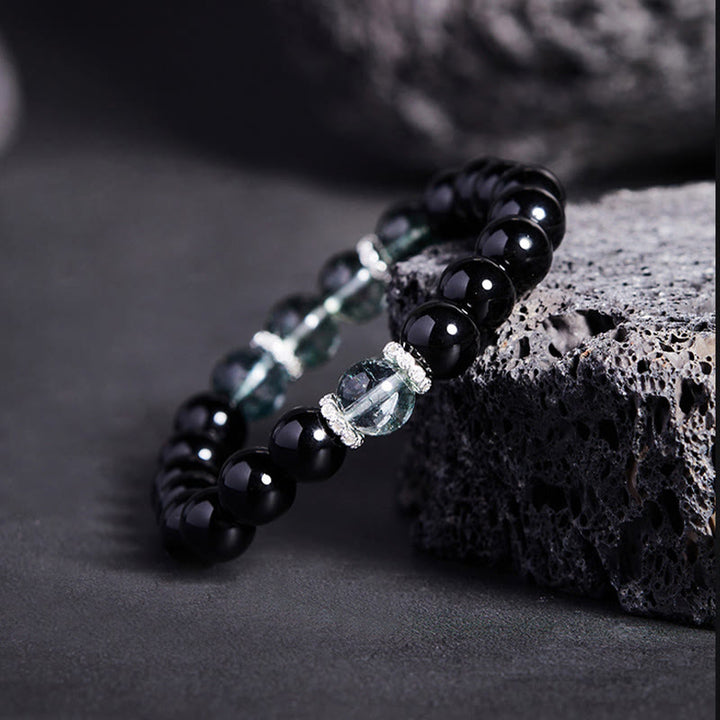 Pulsera Buddha Stones de plata de ley 925 con obsidiana negra y fuerza fantasma verde