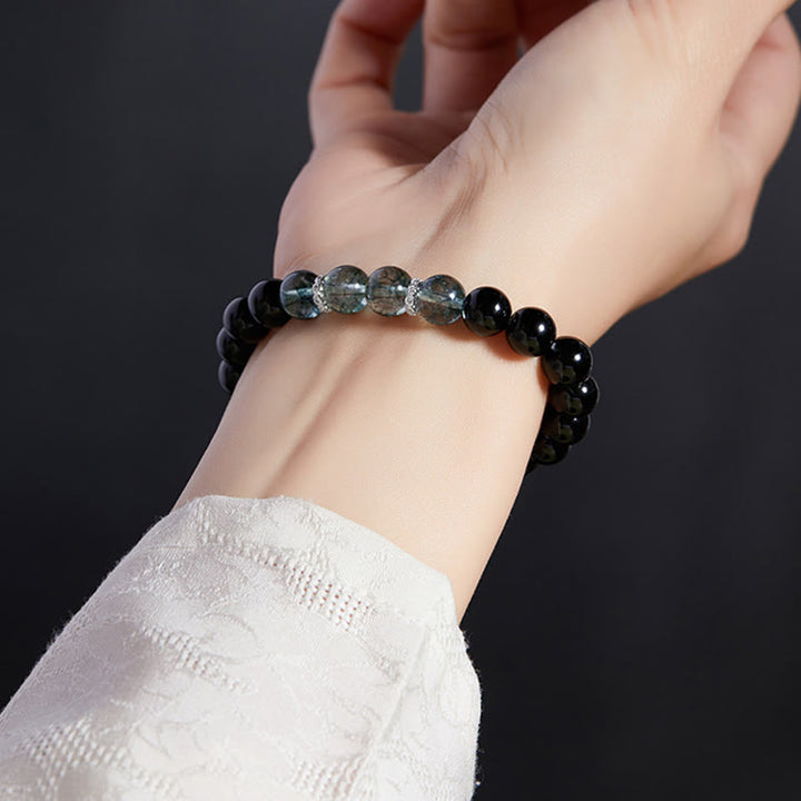 Pulsera Buddha Stones de plata de ley 925 con obsidiana negra y fuerza fantasma verde