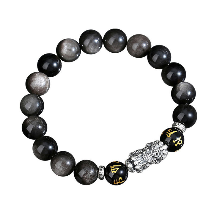 Pulsera de obsidiana negra natural PiXiu de plata de ley 999 con Buddha Stones