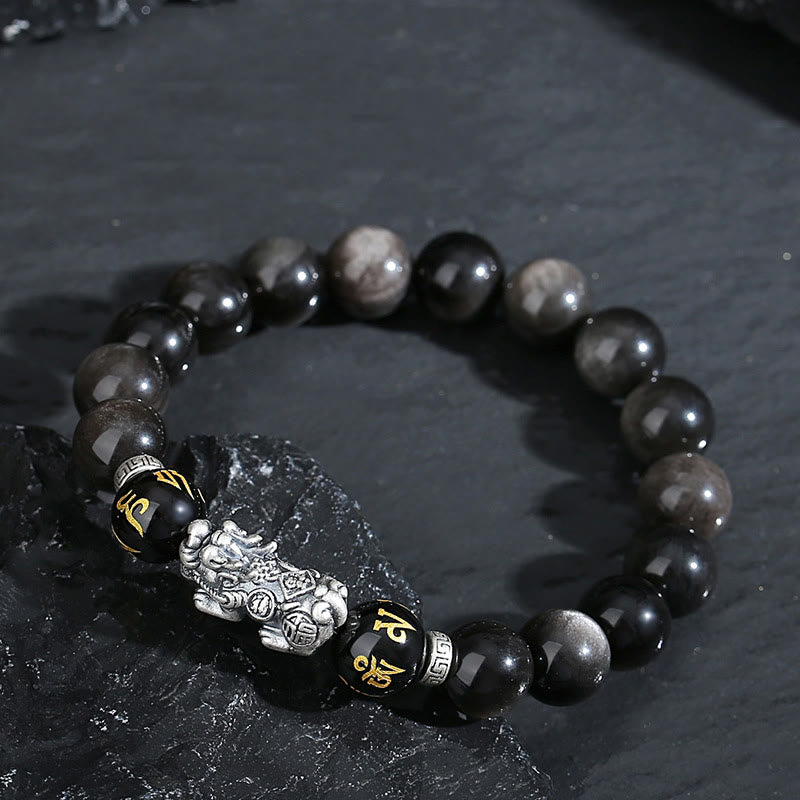 Pulsera de obsidiana negra natural PiXiu de plata de ley 999 con Buddha Stones