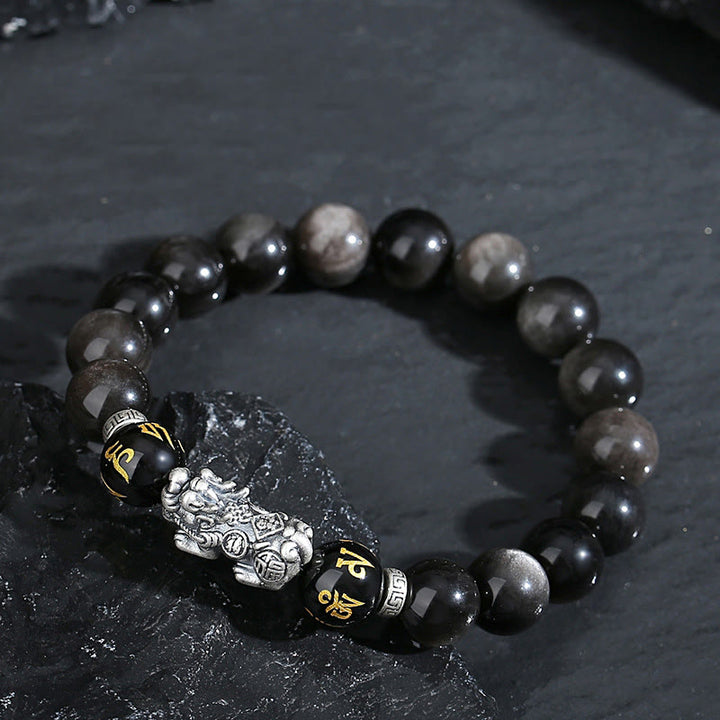 Pulsera de obsidiana negra natural PiXiu de plata de ley 999 con Buddha Stones