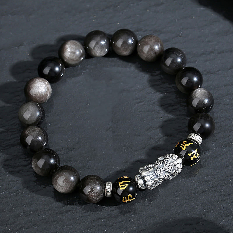 Pulsera de obsidiana negra natural PiXiu de plata de ley 999 con Buddha Stones