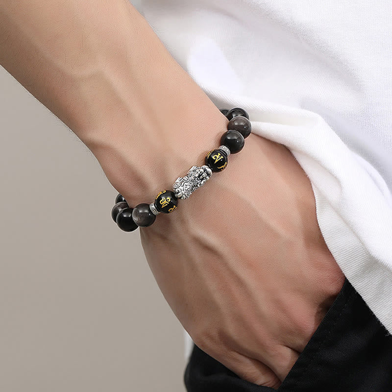 Pulsera de obsidiana negra natural PiXiu de plata de ley 999 con Buddha Stones