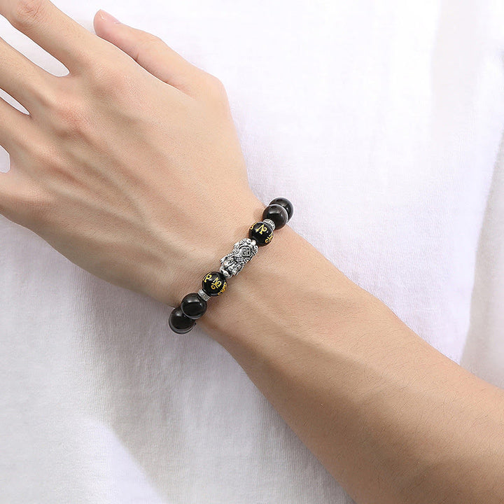 Pulsera de obsidiana negra natural PiXiu de plata de ley 999 con Buddha Stones