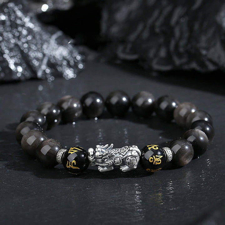 Pulsera de obsidiana negra natural PiXiu de plata de ley 999 con Buddha Stones