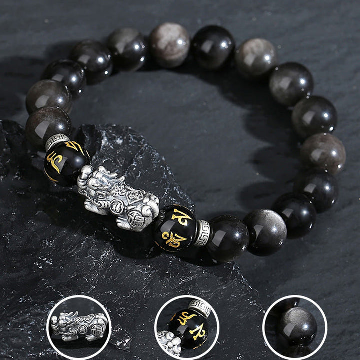 Pulsera de obsidiana negra natural PiXiu de plata de ley 999 con Buddha Stones