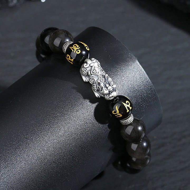 Pulsera de obsidiana negra natural PiXiu de plata de ley 999 con Buddha Stones